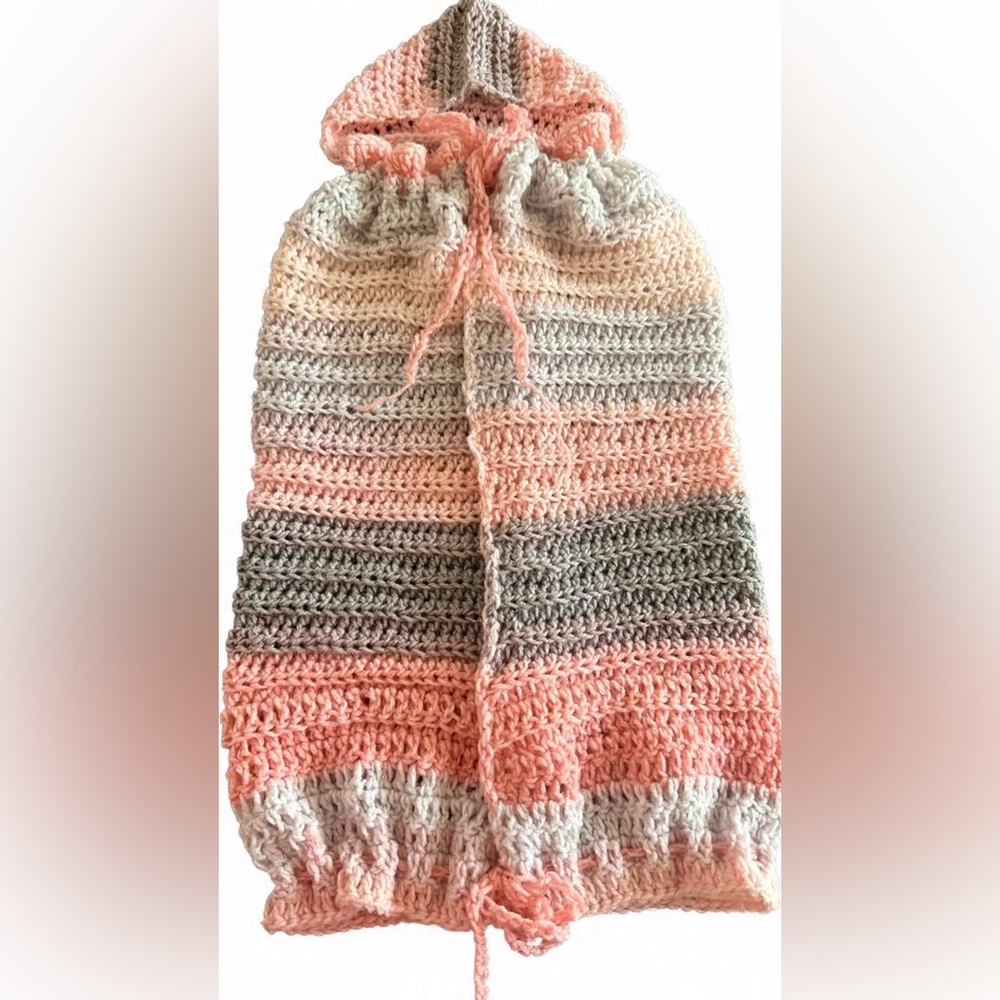 Nina Pink and Gray Crochet Hooded Poncho